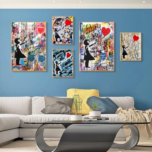 Graffiti Girl with Flying Love Balloon Wall Art Poster Print Wall Art Decorative Graffiti Picture for Living Room Decor No Frame