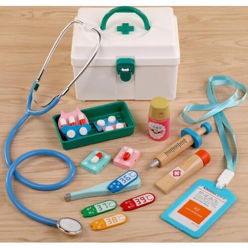 Oys for Children Girl Boy Kids Pretend Play Wood Doctor Toys Red Medical Kit Dentist Medicine Box Sets Cloth Bag Packing Games