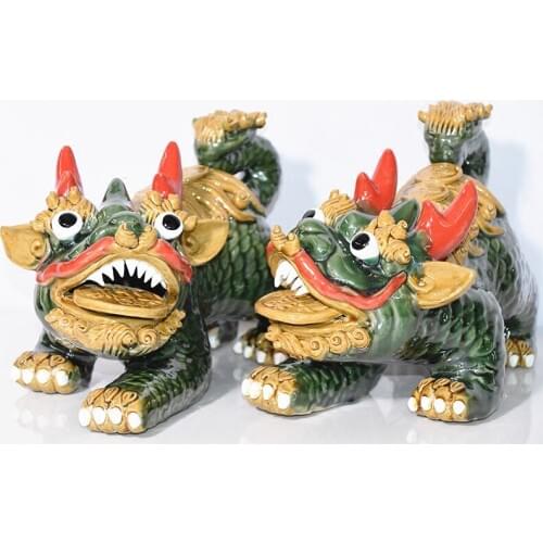 2Pcs/set Chinese Colors Lion Art Sculpture Ceramic Lucky Kirin Figurines Animals Statue Feng Shui Home Decoration R4193