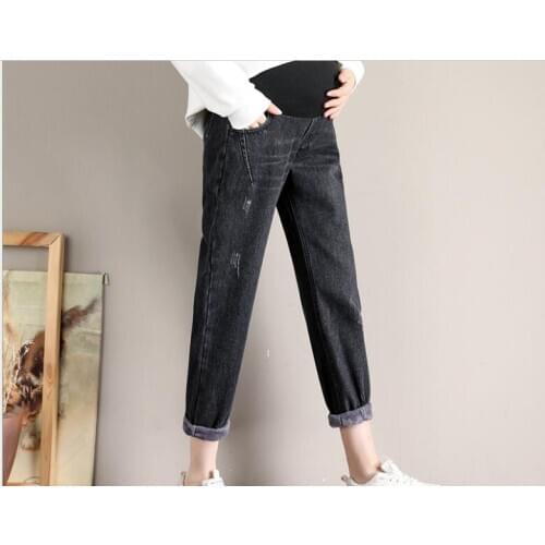 Classic New pregnancy fashion cowboy pants autumn winter pregnant women Add velvet to keep warm Loose blue flower feet jeans