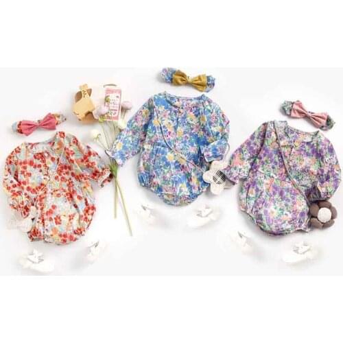 Korean Version Baby Bodysuit Spring Floral Print Long-Sleeve One-Piece With Headband Suit Crawling Clothes Baby Girl Clothes