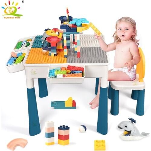 HUIQIBAO Multi-Function Building Blocks Learning Table Chairs Study Desk Big Baseplate City Bricks Children Toys For Baby Gift