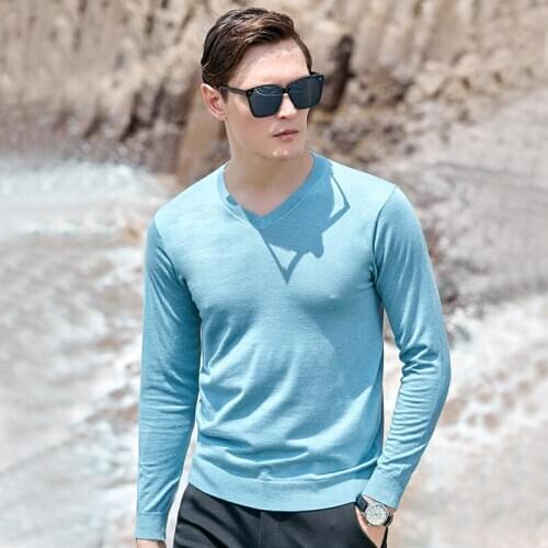 New Man Spring Thin Wool Sweater Casual Pure Color Formal Knit T Shirts V-Neck Jumper Tops Long Sleeve