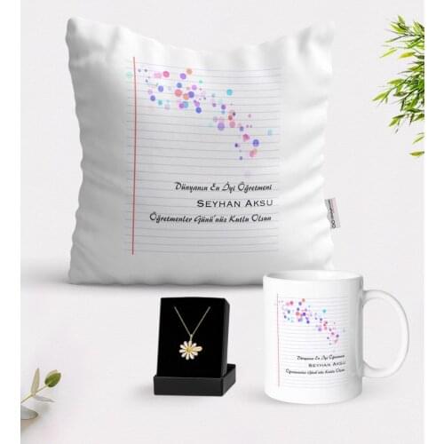Personalized World Best Teacher White Mug Cushion and Is Daisy Necklace Gift Seti-28
