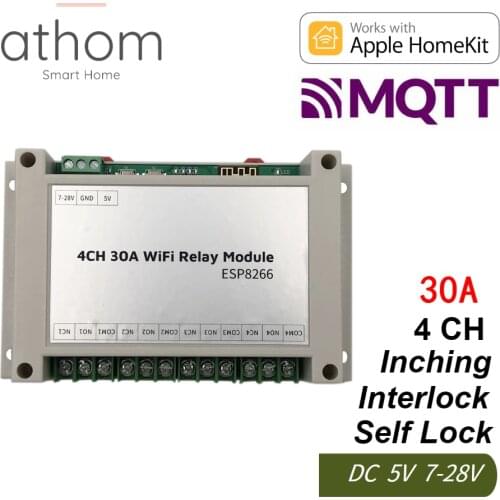 ATHOM Homekit 4CH 30A WiFi Relay Module Inching Switch Self-locking Entry Access Gate Control DC 5V 12V 7V-28V