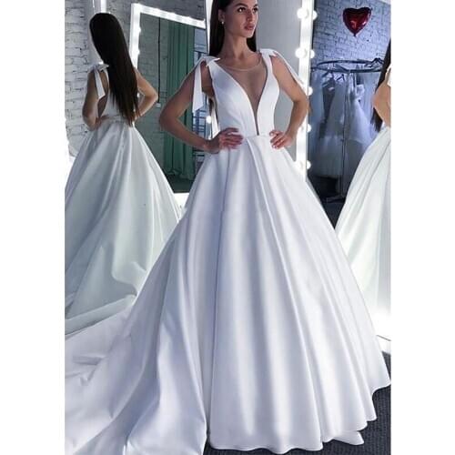 Wedding Dress 2020 Lace Scoop A-Line Elegant Satin Long Princess Vintage Bridal Dress Sexy Wedding Gown Custom Made