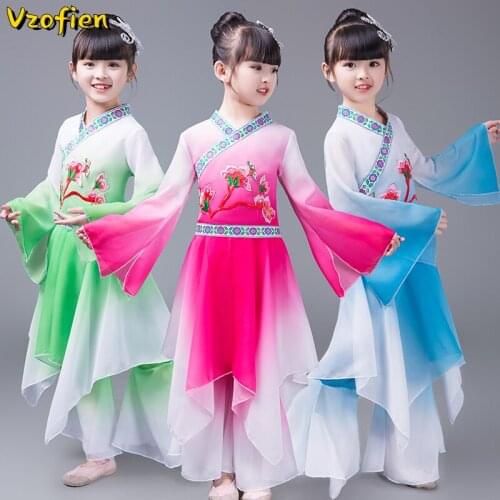 Chinese Traditional Classical Yangko Costume for Girls Folk Dress Fan Umbrella Dance Embroidery Performance Hanfu Clothing