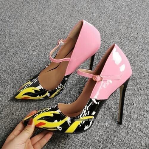 Mixed Color Patent leather Women Thin High Heel Pumps Pointed Toe Sexy High Heels Dress Shoes Stilettos 34-43