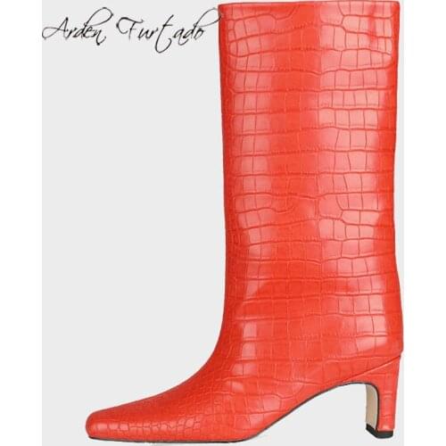 Arden Furtado Spring Autumn Winter Boots Shoes Elegant Knee High Boots Red Square Head Slip-on Square Head Chunky Heels boots