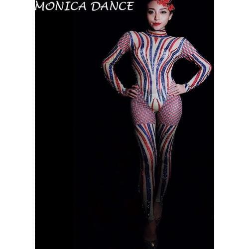 Women Sexy Stage Rhinestones Mesh Net Yarn Jumpsuit Birthday Dance Clothes Nightclub Dance Female Singer Show Bright Bodysuit