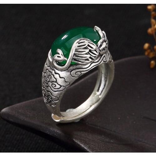 990 Sterling Silver color Luxury Chalcedony Women Palace Designer Open Rings Handmade Peacock Ethnic Ring Retro Patterns Bijoux