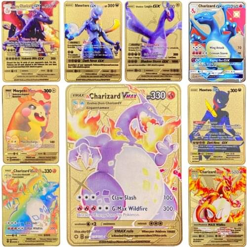 40 Styles New Pokemon V MAX MEGA Gold Metal Card Super Collection Anime Cards Game Toys For Children Christmas Gift Customizable