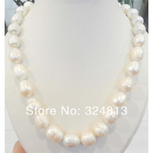 Free shipping BIG RICE SHAPE 12-13MM WHITE REAL NATURAL PEARL NECKLACE 17"