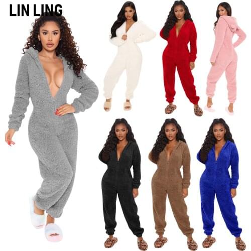 LINLING Winter Women Solid Color Plush Hooded Cute Ear Loose Long Sleeve Zipper Warm Comfortable Home Jumpsuit