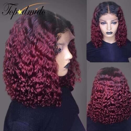 Topodmido Dark Red #99j Curly Brazilian Hair Lace Front Wigs With Pre Plucked Hairline 13x6 Remy Human Hair Lace Front Wig 150