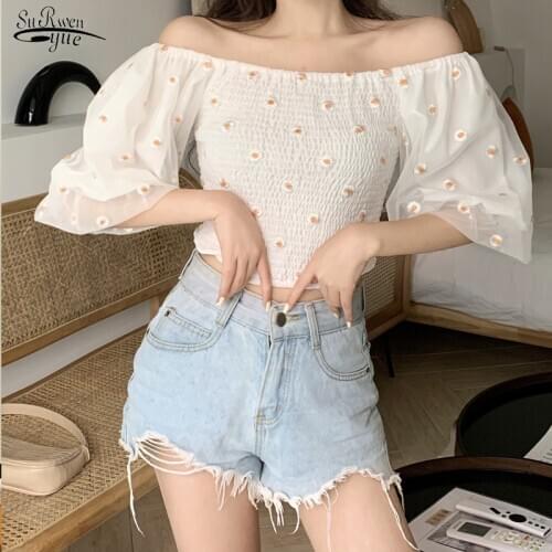 Summer Tops and Blouse Summer Daisy Sexy Off Shoulder Lantern Sleeve Chiffon Blouse Women White Black Tops Chemisier Femme 9933