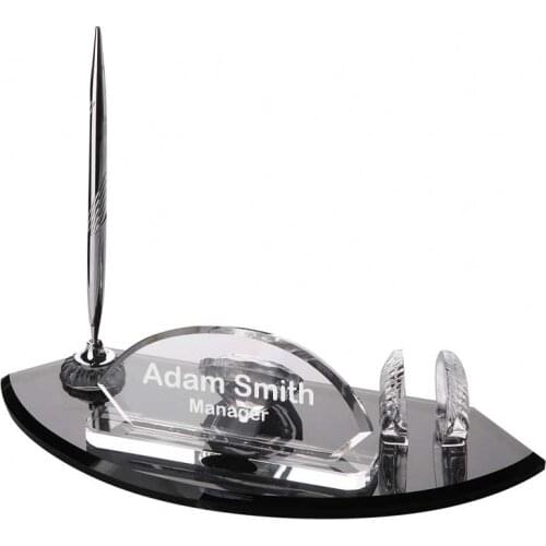 Crystal Glass Desk Name Plate and Pen Desk Stand Set - Personalized Name Plate, Crystal Clock, Custom Engraved Awards, Teachers