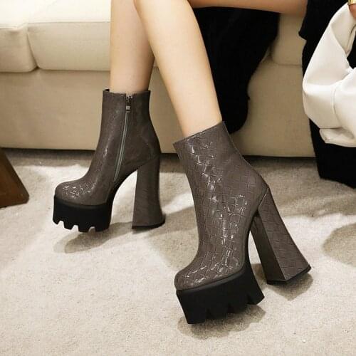New Ladies Patent Leather Stone Grain Mid Calf Boots Fashion Super High Heel Platform Zipper Womens Shoes Autumn Winter Boots