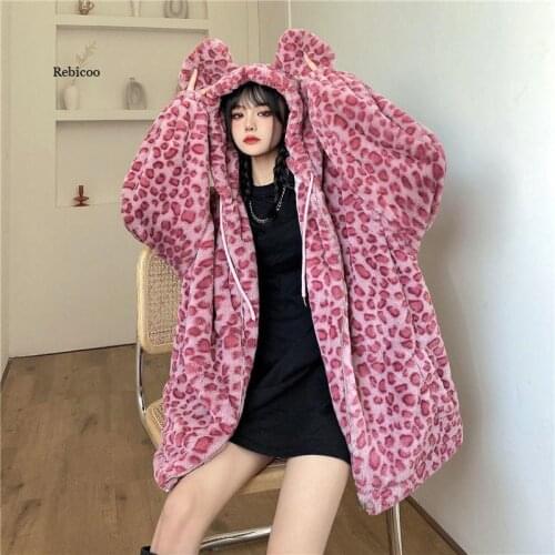 Autumn Winter Womens Fur Coats Leopard Thick Warm Female Overcoats Loose Woman Hoodies Plus Size Lady Outerwear Jackets