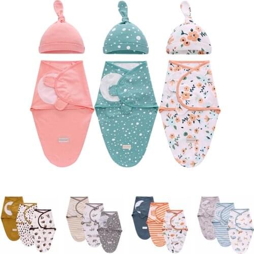 Unisex Newborn Swaddle Wrap+Hat Cotton Baby Receiving Blanket Bedding Cartoon Cute Sleeping Bag Infant Sleep Sack for 0-6 Months