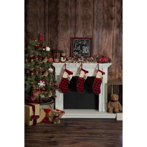 Christmas Backdrops Noel Party Photography Background Tree Fireplace Stove Stocking Giftbox Rustic Wood House Photo Studio Props