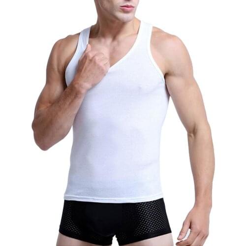 Sporty Tanks Top Gym Men Corset Vest Shirt Solid Color Low-cut Neck Sleeveless Cotton Vest Breathable Men Beach Tanks Top