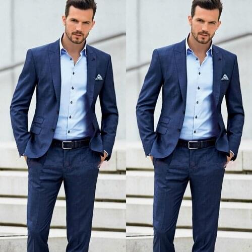 Dark Blue Beach Groom Tuexdos Custom Made Men Suits For Wedding Two Buttons Prom Formal Occasion Tuxedos ( Jacket+Pant)