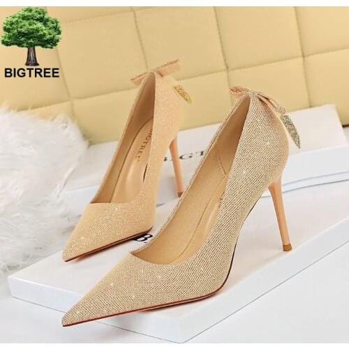 Korean version of fashion sexy thin heel heel shimmering shallow pointed bow single shoes after women wedding shoes 869-3