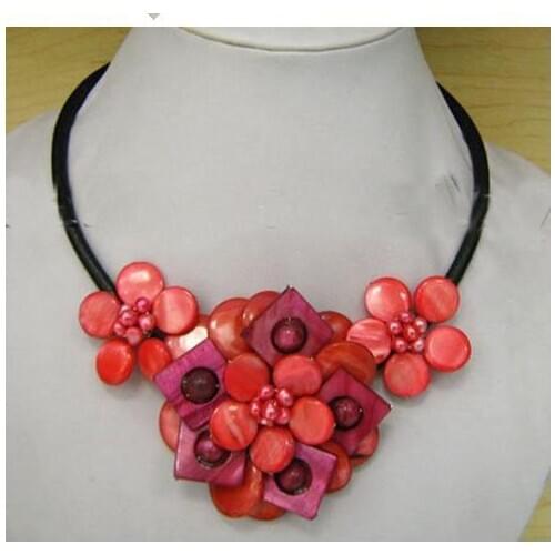 Unique Pearls jewellery Store Red Shell Real Freshwater Pearl Flower Black Rope Leather Nekclace Fine Jewelry Women Gift