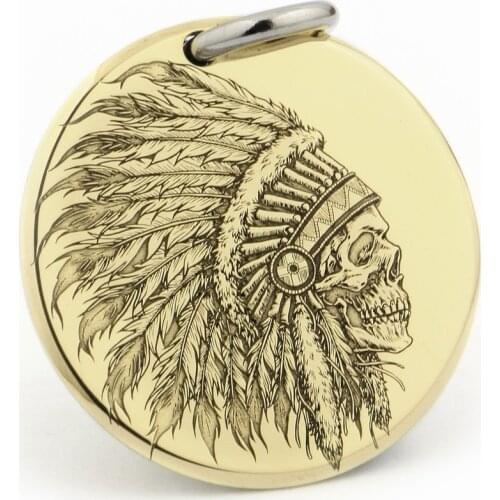 High Detail Deep Laser Engraved Dia. 35mm Round Brass Indian chief Skull Pendant Biker Punk Dogtag 9X034BA Steel N 26"