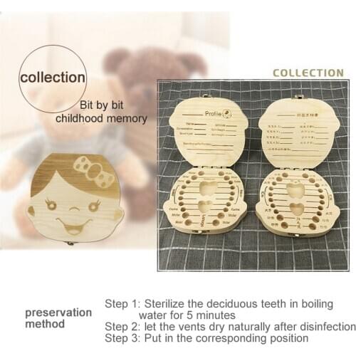 Drop Shipping Spanish/Dutch /English/French/Portuguese/Teeth Box Wooden Baby Kids Tooth Storage Box
