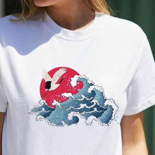 Women Crane Wave Japanese Style T-Shirt Summer Vintage Cute Aesthetic Tshirts Female Casual Streetwear Loose Tee Harajuku Tops