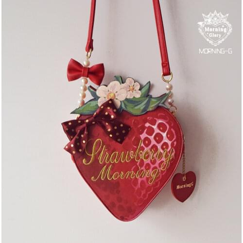 Girls Womens Lolita Sweet Heart Shaped Strawberry Handbag Makeup Should Messenger Satchel Purse Bags Bowknot Pearls New 2021