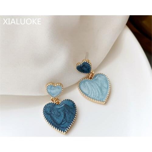 XIALUOKE S925 Needle Fashion Geometric Heart Blue Epoxy Stud Earrings For Women Cute Romantic Lady Elegant Earring Jewelry Gift