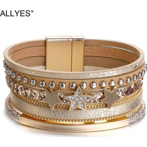 ALLYES Rhinestone Star Charm Leather Bracelets for Women Fashion Boho Multilayer Punk Rivet Wide Wrap Bracelet Female Jewelry