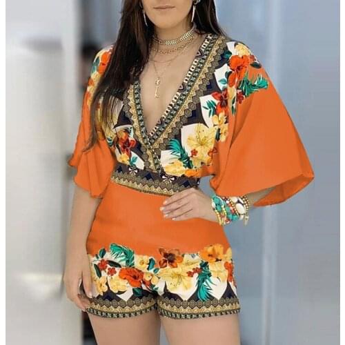 Women Summer Rompers, Ethnic Style Print V-Neck Short Sleeve Backless Tied Short Jumpsuit for Girls,S-4XL