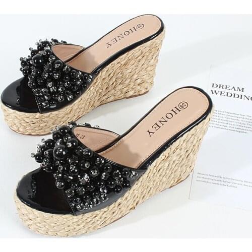 Womens slippers 2021 summer new handmade beaded rhinestone super high heel sandals waterproof platform nightclub fashion 10.5cm
