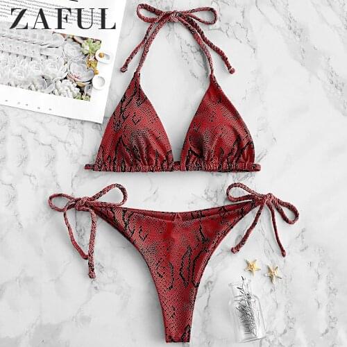 ZAFUL Snakeskin Print Braided Halter Bikini Set Sportswear Women Bikini 2020 Bikinis Set