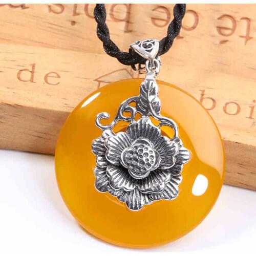 ZHJIASHUN 100% 925 Sterling Silver Natural Chalcedony Flower Pendant Necklace Retro Gemstones Pendants Jewelry For Women