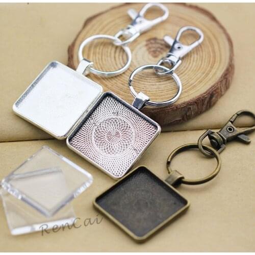 10Kits/Lot 30mm Key Chain Kits Square Pendant Trays Setting Blank+25mm Key Split Rings+30mm Clear Glass Cabochon+Lobster Clasps
