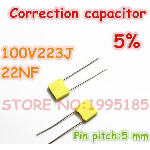 10pcs/lot correction Capacitor 100V223J 22NJ100 22NF 5% Metallized polyester film capacitor Pin pitch 5 mm