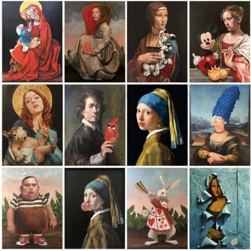 Spoof Graffiti Art Diamond Painting Mona Lisa Girl with Pearl Earring Portrait Classic Oil Painting Diamond Embroidery Home Deco