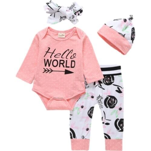 Baby Girl Clothes 4Pcs Sets Kids clothing Romper Suit Hello World Infant toddler Girls Wear made of soft cotton