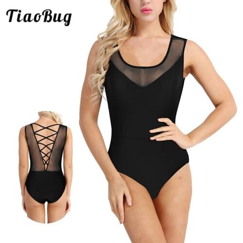 Women Mesh Criss Cross Back Ballet Dance Gymnastics Tank Leotard Camisole Bodysuit Dancewear