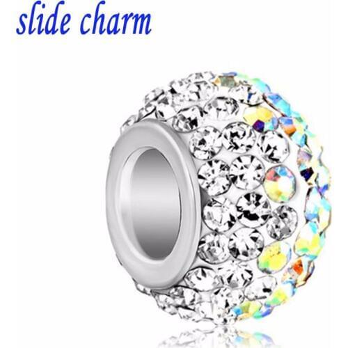Slide charm Free shipping Valentine white crystal amulet half half colored rhinestone clay beads fit Pandora charm bracelet