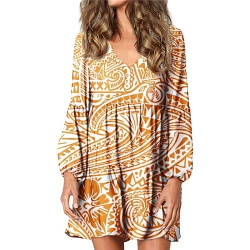 Hycool Yellow Polynesian Tribal Stripe Print Long Sleeve Loose Dress For Pregnant Women Custom Sexy V Neck Girl Mini Pleat Dress