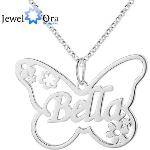JewelOra 925 Sterling Silver Personalized Name Butterfly Necklace with Flowers Custom Nameplate Pendants for Women Gift Jewelry