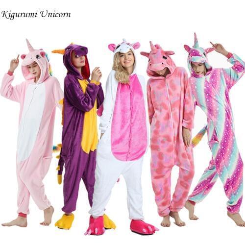 Kigurumi Unicorn Pajama Adult Animal Stitch Onesie Boys Girls Women Men Couple 2019 Winter Pajama Suit Sleepwear Flannel Pijama