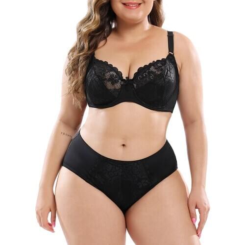 Plus Size Womens Sexy Bra And Panty Set Lace Cozy Underpants Lingerie Underwire Bralette Female Large Underwear Sets BH