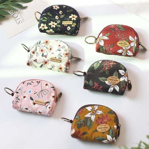Retro Cloth Small Wallet Womens Zipper Flower Pattern Coin Purse Student Dollar Card Bag Fashion Handmade Floral Change Purses